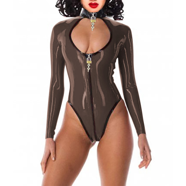 Exotic Lockable Bodysuit Sissy Long Sleeved Mock Neck Rompers Party One Piece Cutout Front Catsuit Rave Club Pole Dance Leotard