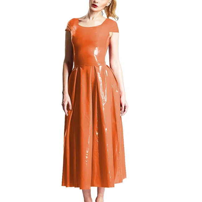 Elegant Party Solid Color Midi Dresses Ladies Crew Neck Cinched Waist Dress PVC Shiny Short Sleeved Long Flared Dress Vestidos