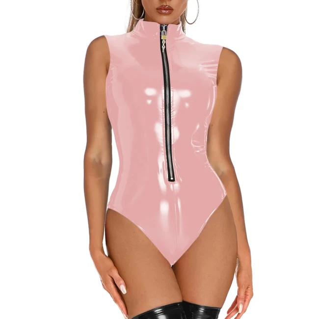 High Street Turtlrneck Lockable Bodysuit Sexy Sleeveless Glossy PVC Leather Catsuit Swimsuit Zipper Front Tights Teddies Leotard