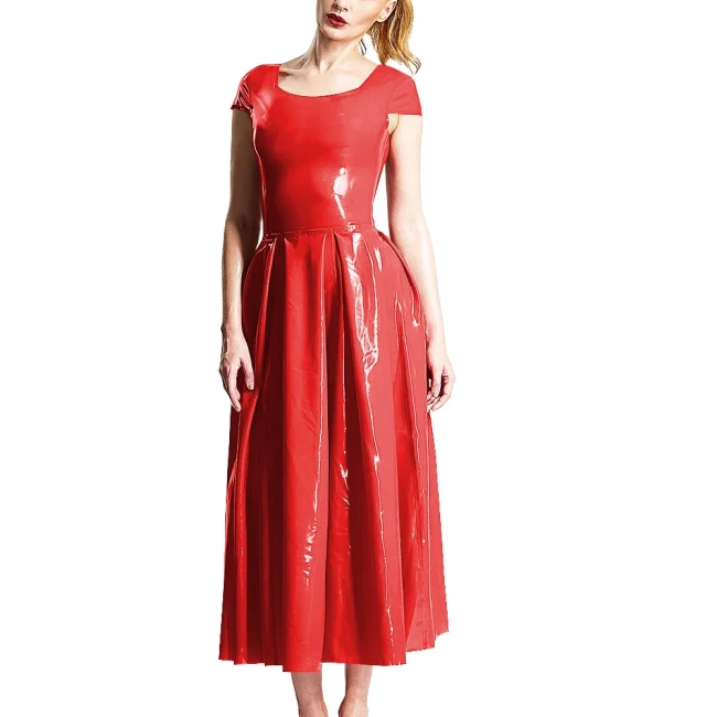 Elegant Party Solid Color Midi Dresses Ladies Crew Neck Cinched Waist Dress PVC Shiny Short Sleeved Long Flared Dress Vestidos