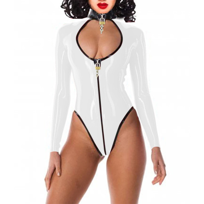 Exotic Lockable Bodysuit Sissy Long Sleeved Mock Neck Rompers Party One Piece Cutout Front Catsuit Rave Club Pole Dance Leotard
