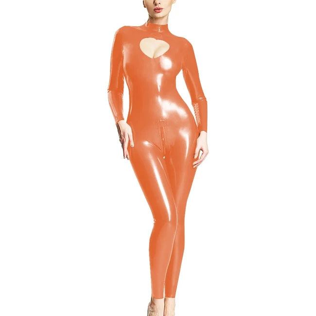 Wetlook Open Crotch Zipper Catsuit PVC Faux Leather Long Sleeve Jumpsuit Women Front Hollow Out Bodysuit Pole Dance Nightclub