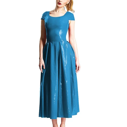 Elegant Party Solid Color Midi Dresses Ladies Crew Neck Cinched Waist Dress PVC Shiny Short Sleeved Long Flared Dress Vestidos