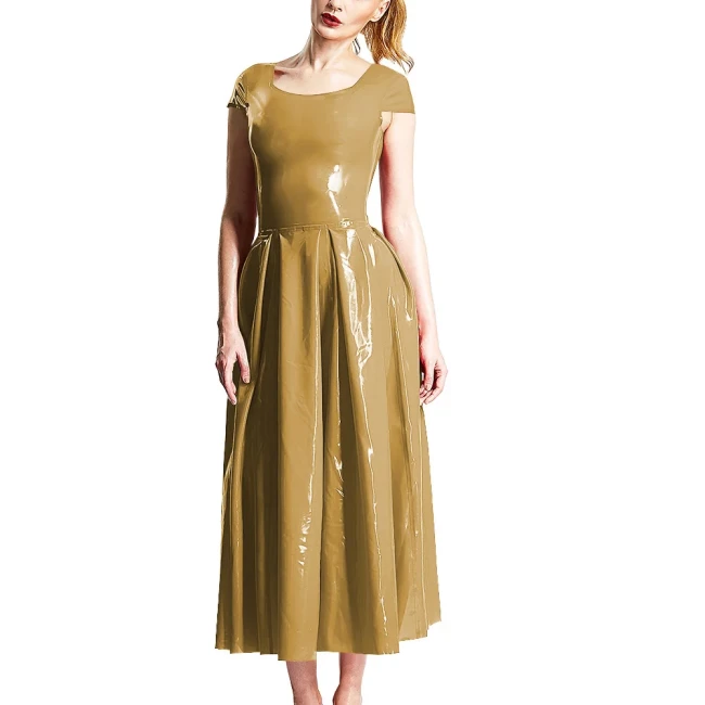Elegant Party Solid Color Midi Dresses Ladies Crew Neck Cinched Waist Dress PVC Shiny Short Sleeved Long Flared Dress Vestidos