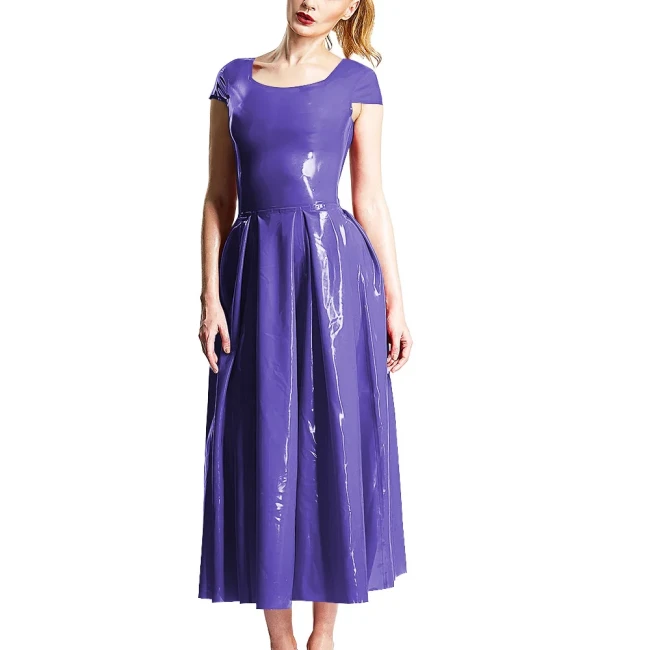 Elegant Party Solid Color Midi Dresses Ladies Crew Neck Cinched Waist Dress PVC Shiny Short Sleeved Long Flared Dress Vestidos