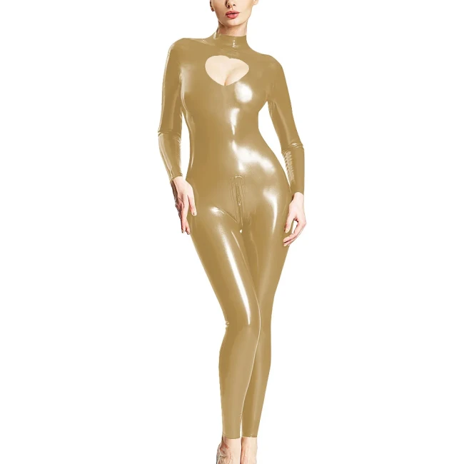 Wetlook Open Crotch Zipper Catsuit PVC Faux Leather Long Sleeve Jumpsuit Women Front Hollow Out Bodysuit Pole Dance Nightclub