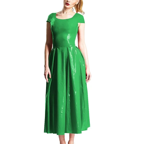 Elegant Party Solid Color Midi Dresses Ladies Crew Neck Cinched Waist Dress PVC Shiny Short Sleeved Long Flared Dress Vestidos