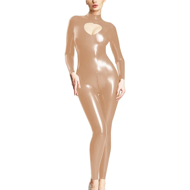 Wetlook Open Crotch Zipper Catsuit PVC Faux Leather Long Sleeve Jumpsuit Women Front Hollow Out Bodysuit Pole Dance Nightclub