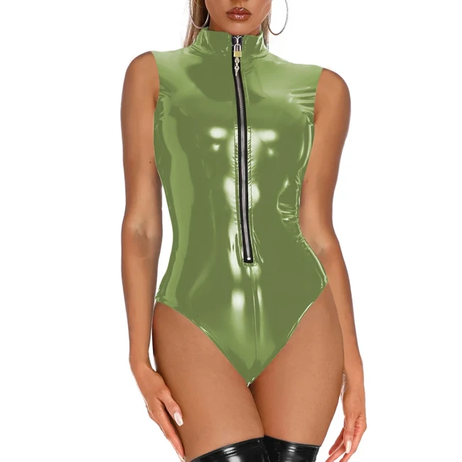 High Street Turtlrneck Lockable Bodysuit Sexy Sleeveless Glossy PVC Leather Catsuit Swimsuit Zipper Front Tights Teddies Leotard