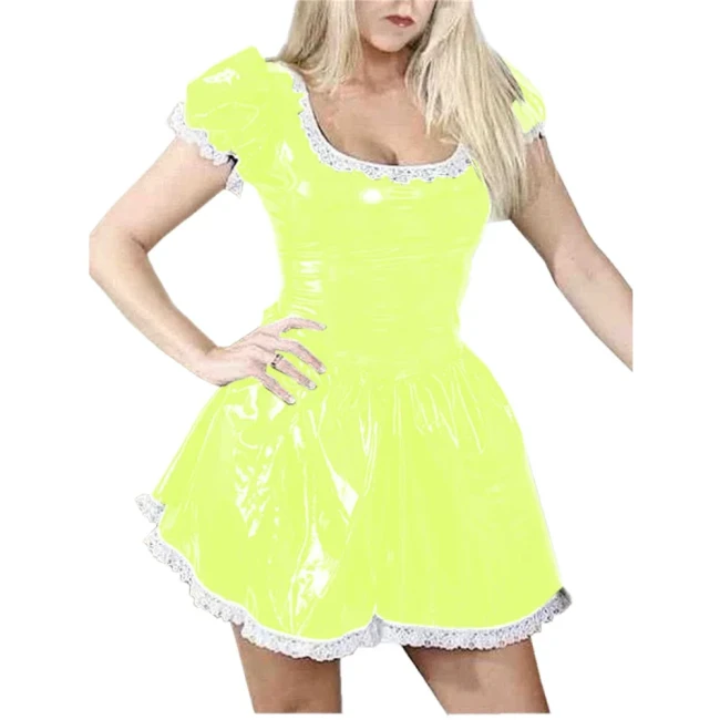 Womens Patent Leather Lolita A-line Dresses Scoop Neck Puff Short Sleeve Mini Dress Club Party Costume Wetlook Cocktails Dress