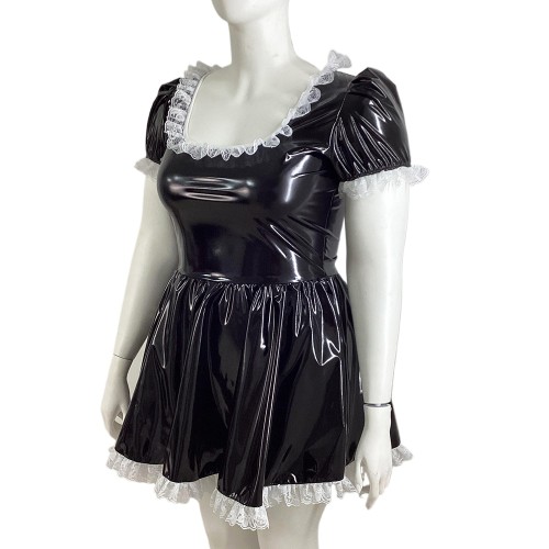 Womens Patent Leather Lolita A-line Dresses Scoop Neck Puff Short Sleeve Mini Dress Club Party Costume Wetlook Cocktails Dress