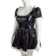 Womens Patent Leather Lolita A-line Dresses Scoop Neck Puff Short Sleeve Mini Dress Club Party Costume Wetlook Cocktails Dress