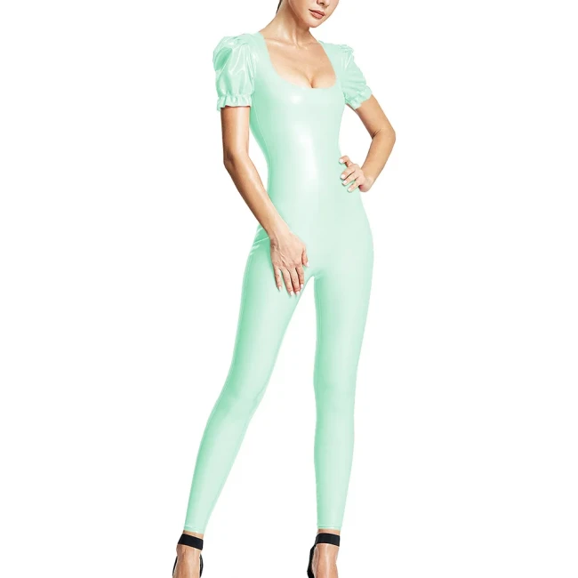 Solid Color Women Jumpsuits Patent Leather Short Puff Sleeve Sexy Scoop Neck Female Zentai Casual Fashion Slim Fit Rompers 7XL