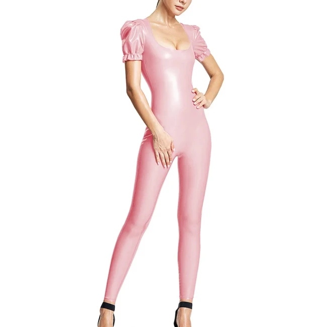 Solid Color Women Jumpsuits Patent Leather Short Puff Sleeve Sexy Scoop Neck Female Zentai Casual Fashion Slim Fit Rompers 7XL
