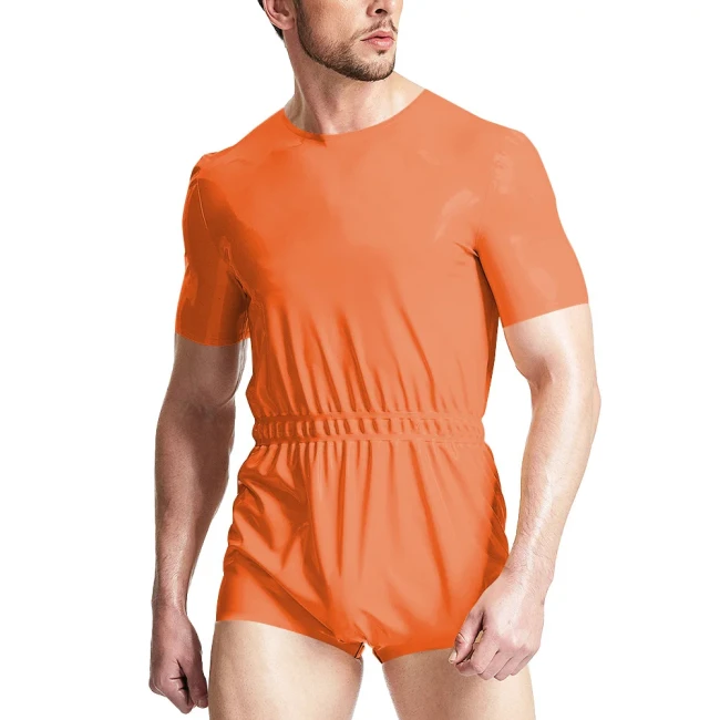 ABDL Adult Fetish Short Jumpsuits Elastic Waistband Bodysuits Gay Diaper Lover Sissy Short Sleeve PVC Leather Rompers Cosplay