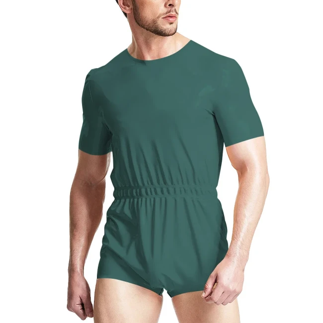 ABDL Adult Fetish Short Jumpsuits Elastic Waistband Bodysuits Gay Diaper Lover Sissy Short Sleeve PVC Leather Rompers Cosplay
