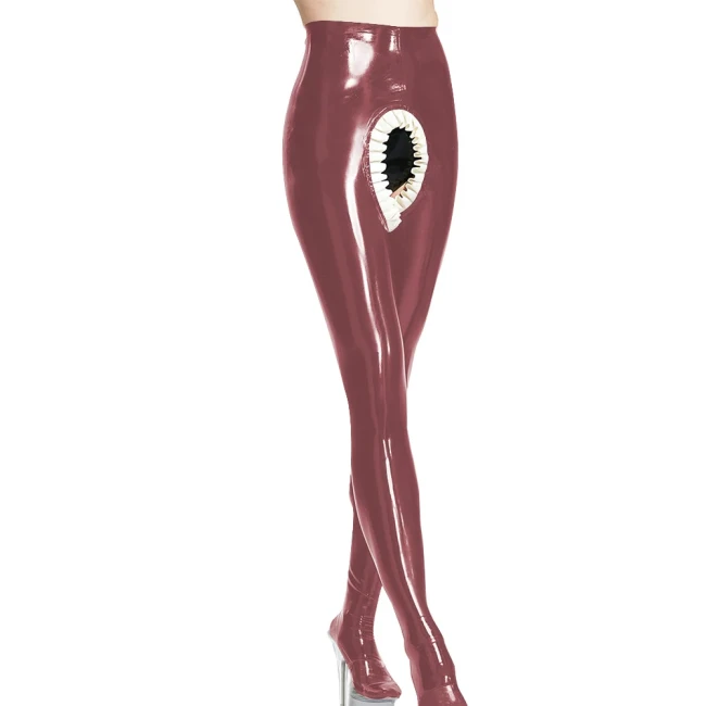 Erotic Spanking Pants Crotchless Leggings Latex Look Pants with Front Back with Frill Hollowed Out Fetish Women Skinny Leggings