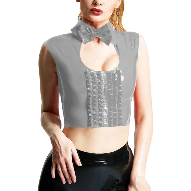 Women Sexy Chest Hollow-out Crop Tops Wetlook Sleeveless Turu-down Collar Tank Bowknot Trims Frilled Extotic Vest Sissy Lingerie