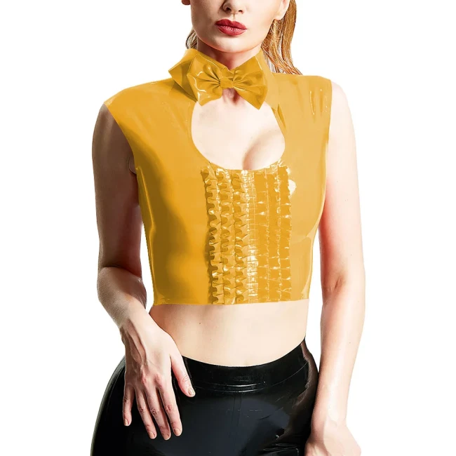 Women Sexy Chest Hollow-out Crop Tops Wetlook Sleeveless Turu-down Collar Tank Bowknot Trims Frilled Extotic Vest Sissy Lingerie