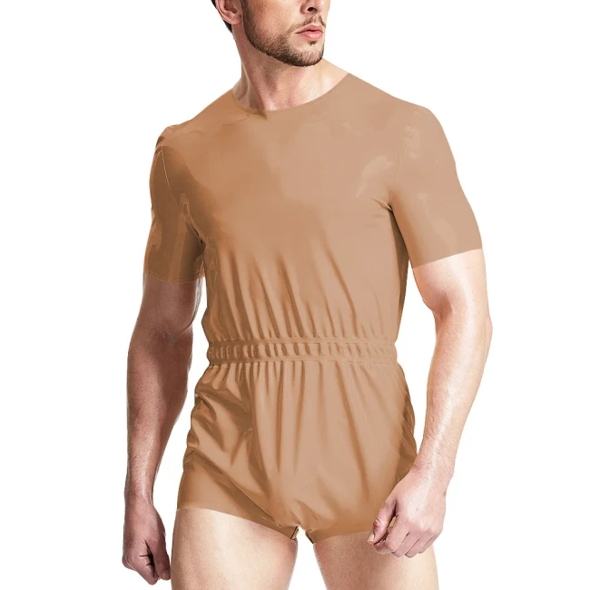 ABDL Adult Fetish Short Jumpsuits Elastic Waistband Bodysuits Gay Diaper Lover Sissy Short Sleeve PVC Leather Rompers Cosplay