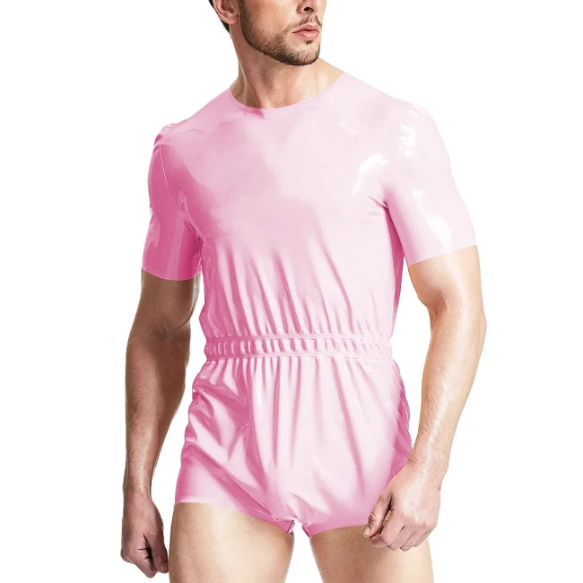 ABDL Adult Fetish Short Jumpsuits Elastic Waistband Bodysuits Gay Diaper Lover Sissy Short Sleeve PVC Leather Rompers Cosplay