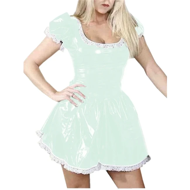 Womens Patent Leather Lolita A-line Dresses Scoop Neck Puff Short Sleeve Mini Dress Club Party Costume Wetlook Cocktails Dress