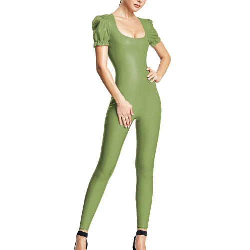 Solid Color Women Jumpsuits Patent Leather Short Puff Sleeve Sexy Scoop Neck Female Zentai Casual Fashion Slim Fit Rompers 7XL