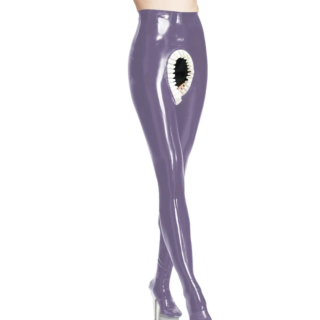 Erotic Spanking Pants Crotchless Leggings Latex Look Pants with Front Back with Frill Hollowed Out Fetish Women Skinny Leggings