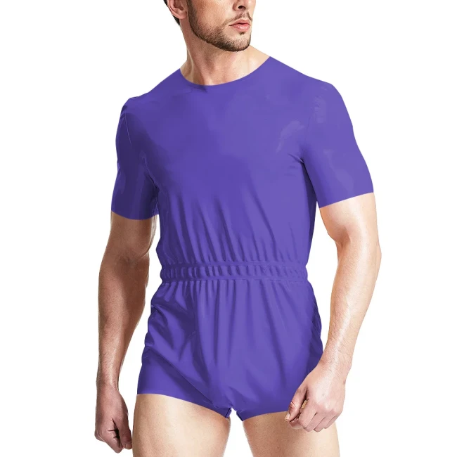 ABDL Adult Fetish Short Jumpsuits Elastic Waistband Bodysuits Gay Diaper Lover Sissy Short Sleeve PVC Leather Rompers Cosplay