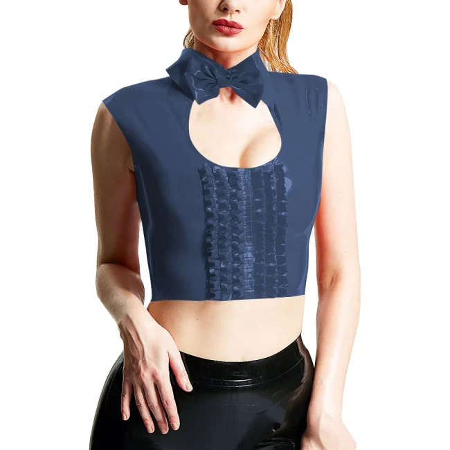 Women Sexy Chest Hollow-out Crop Tops Wetlook Sleeveless Turu-down Collar Tank Bowknot Trims Frilled Extotic Vest Sissy Lingerie