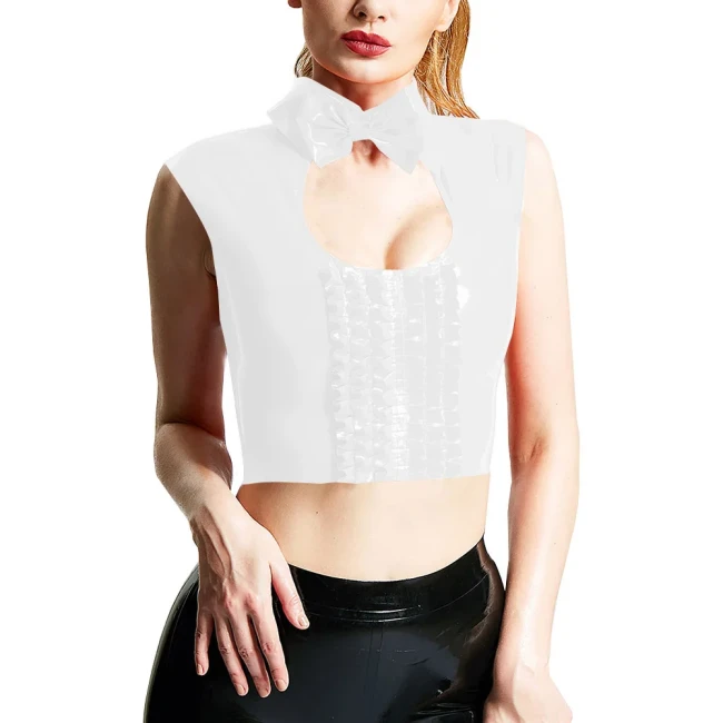 Women Sexy Chest Hollow-out Crop Tops Wetlook Sleeveless Turu-down Collar Tank Bowknot Trims Frilled Extotic Vest Sissy Lingerie