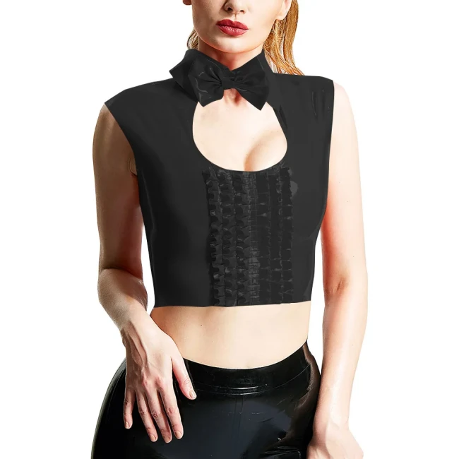 Women Sexy Chest Hollow-out Crop Tops Wetlook Sleeveless Turu-down Collar Tank Bowknot Trims Frilled Extotic Vest Sissy Lingerie
