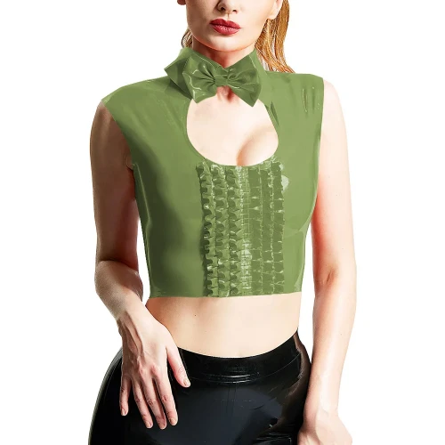 Women Sexy Chest Hollow-out Crop Tops Wetlook Sleeveless Turu-down Collar Tank Bowknot Trims Frilled Extotic Vest Sissy Lingerie