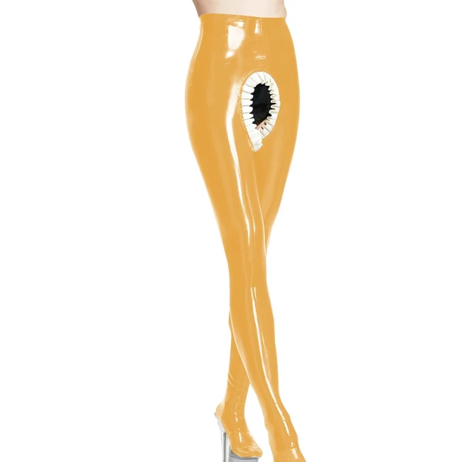 Erotic Spanking Pants Crotchless Leggings Latex Look Pants with Front Back with Frill Hollowed Out Fetish Women Skinny Leggings
