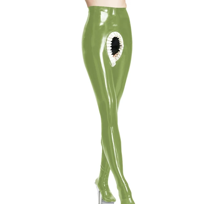 Erotic Spanking Pants Crotchless Leggings Latex Look Pants with Front Back with Frill Hollowed Out Fetish Women Skinny Leggings