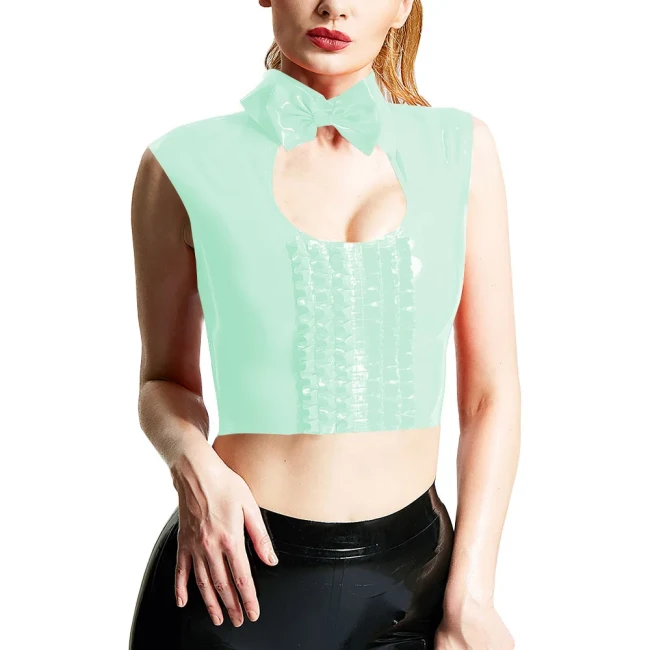 Women Sexy Chest Hollow-out Crop Tops Wetlook Sleeveless Turu-down Collar Tank Bowknot Trims Frilled Extotic Vest Sissy Lingerie