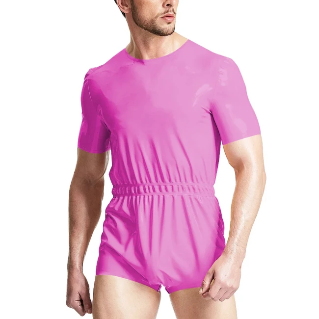 ABDL Adult Fetish Short Jumpsuits Elastic Waistband Bodysuits Gay Diaper Lover Sissy Short Sleeve PVC Leather Rompers Cosplay