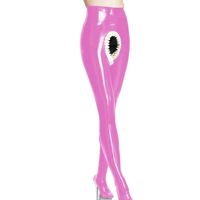 Erotic Spanking Pants Crotchless Leggings Latex Look Pants with Front Back with Frill Hollowed Out Fetish Women Skinny Leggings