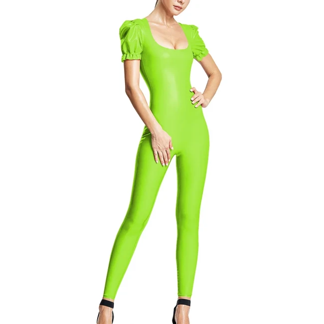 Solid Color Women Jumpsuits Patent Leather Short Puff Sleeve Sexy Scoop Neck Female Zentai Casual Fashion Slim Fit Rompers 7XL