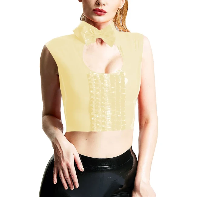 Women Sexy Chest Hollow-out Crop Tops Wetlook Sleeveless Turu-down Collar Tank Bowknot Trims Frilled Extotic Vest Sissy Lingerie