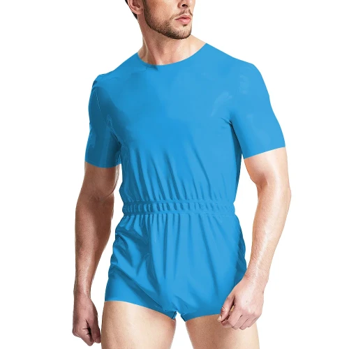 ABDL Adult Fetish Short Jumpsuits Elastic Waistband Bodysuits Gay Diaper Lover Sissy Short Sleeve PVC Leather Rompers Cosplay