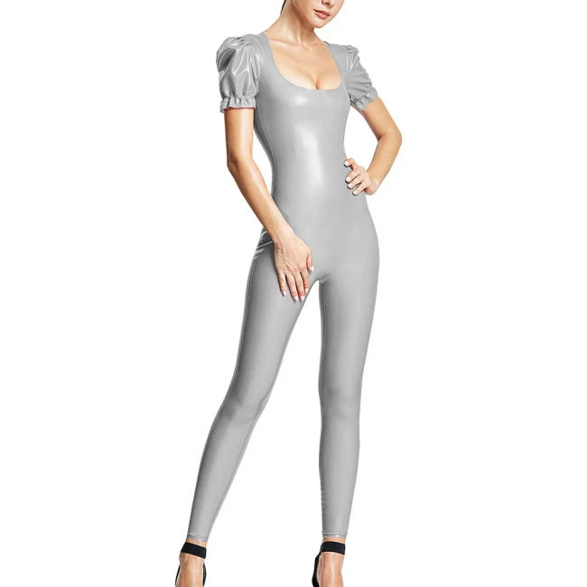 Solid Color Women Jumpsuits Patent Leather Short Puff Sleeve Sexy Scoop Neck Female Zentai Casual Fashion Slim Fit Rompers 7XL