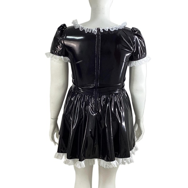 Womens Patent Leather Lolita A-line Dresses Scoop Neck Puff Short Sleeve Mini Dress Club Party Costume Wetlook Cocktails Dress