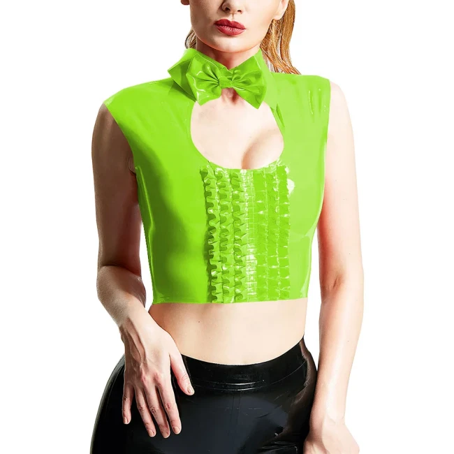 Women Sexy Chest Hollow-out Crop Tops Wetlook Sleeveless Turu-down Collar Tank Bowknot Trims Frilled Extotic Vest Sissy Lingerie