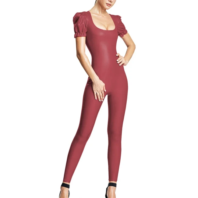 Solid Color Women Jumpsuits Patent Leather Short Puff Sleeve Sexy Scoop Neck Female Zentai Casual Fashion Slim Fit Rompers 7XL