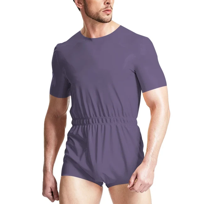 ABDL Adult Fetish Short Jumpsuits Elastic Waistband Bodysuits Gay Diaper Lover Sissy Short Sleeve PVC Leather Rompers Cosplay
