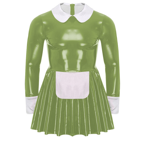 Shiny PVC Leather Sweet Maid Cosplay Costume A-line Pleated Mini Dress with Apron Long Sleeve Turn-down Collar French Maid Dress