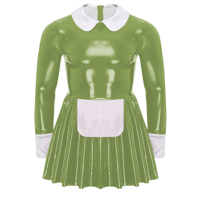 Shiny PVC Leather Sweet Maid Cosplay Costume A-line Pleated Mini Dress with Apron Long Sleeve Turn-down Collar French Maid Dress