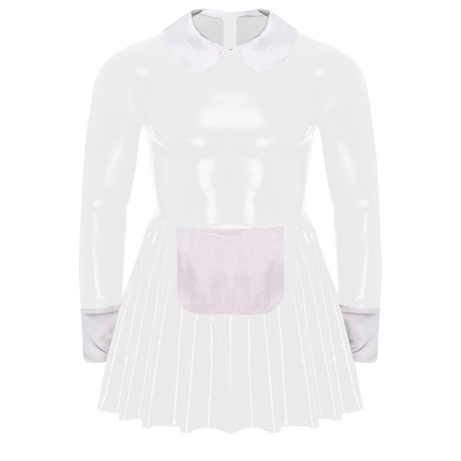Shiny PVC Leather Sweet Maid Cosplay Costume A-line Pleated Mini Dress with Apron Long Sleeve Turn-down Collar French Maid Dress