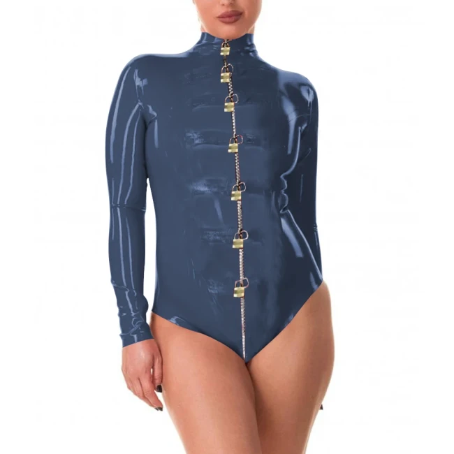 Exotic Lockable Bodysuit Front Zipper with Locks Sexy Bodysuit Lingerie Women's Long Sleeve Mock Neck Catsuits Pole Dance Wear